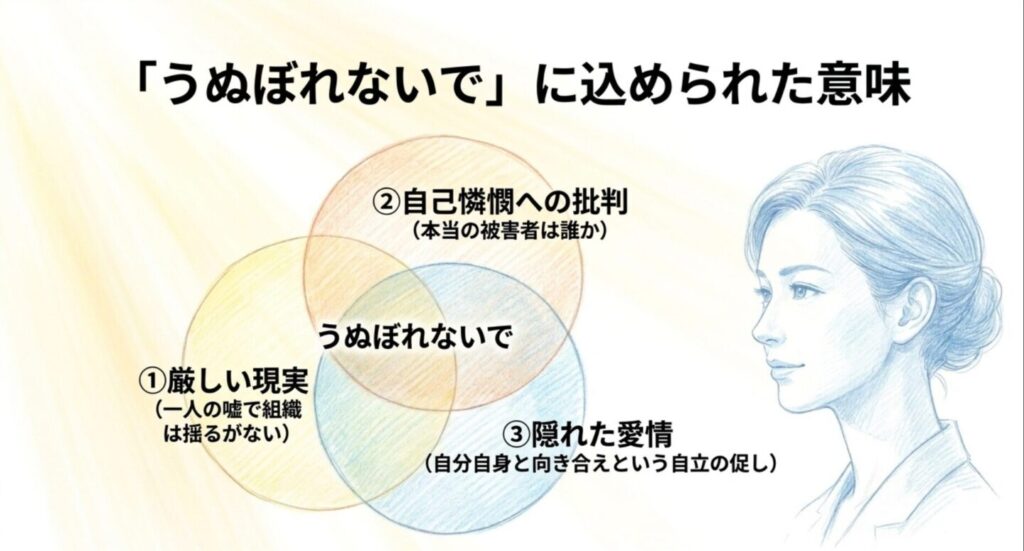 うぬぼれないでに込められた3つの意味(厳しい現実、自己憐憫への批判、隠れた愛情)