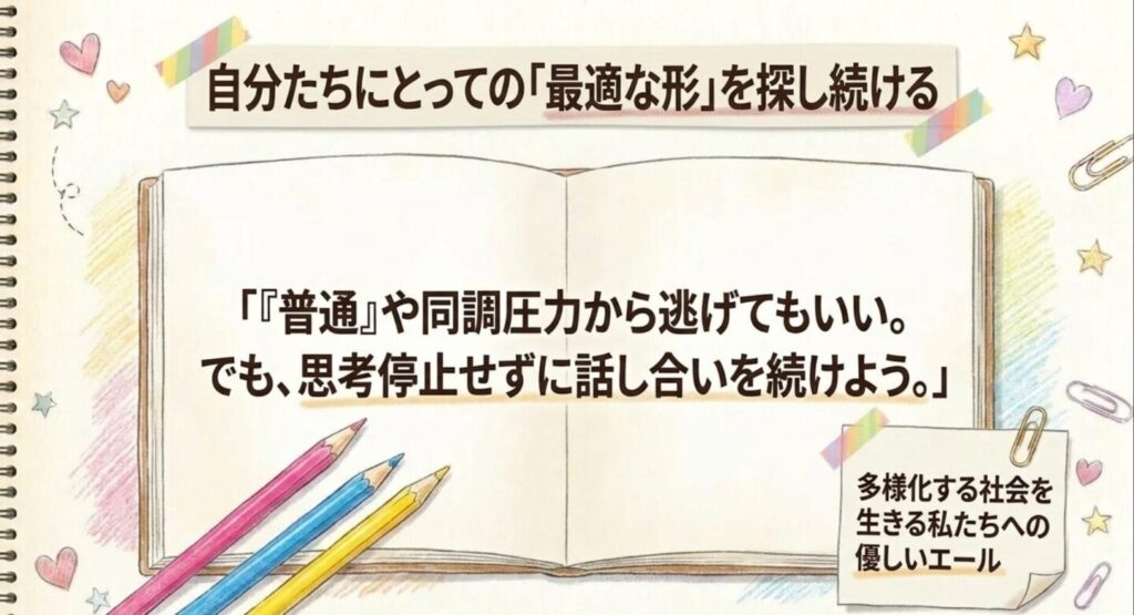 世間の普通から逃げても思考停止せず最適な形を探し続けるメッセージ
