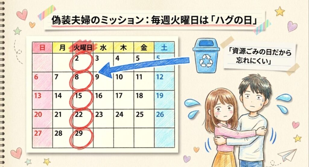 偽装夫婦のミッションである火曜日のハグの日カレンダー