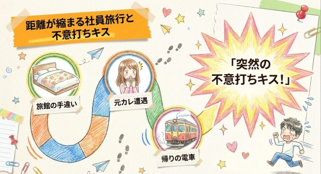 社員旅行の帰りの電車での不意打ちキス