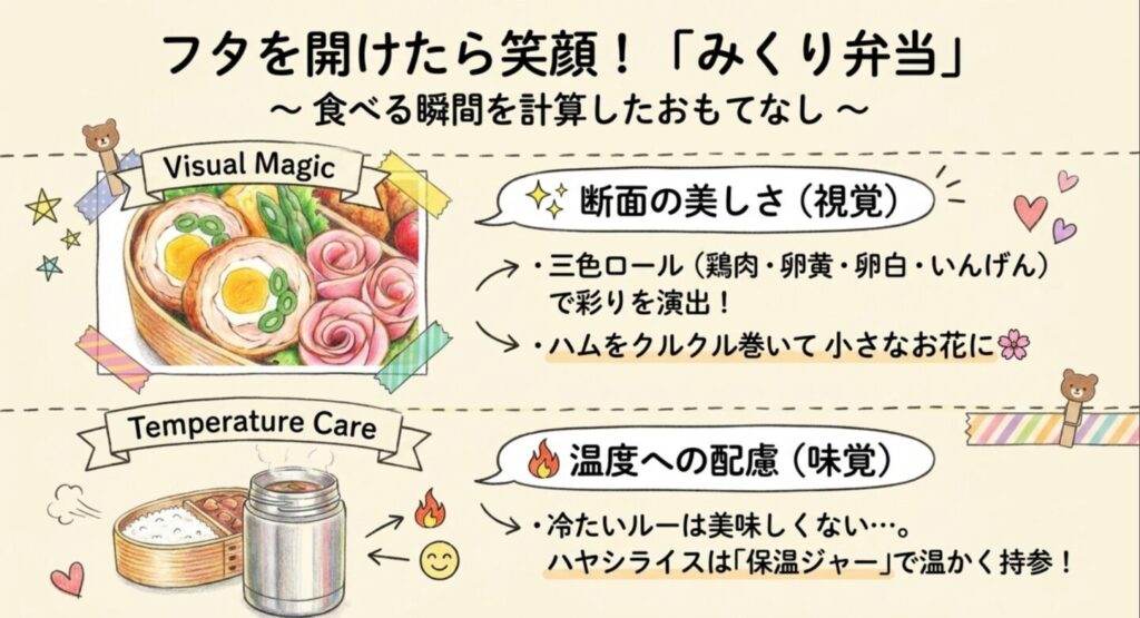 フタを開けたら笑顔になる可愛いみくり弁当の工夫