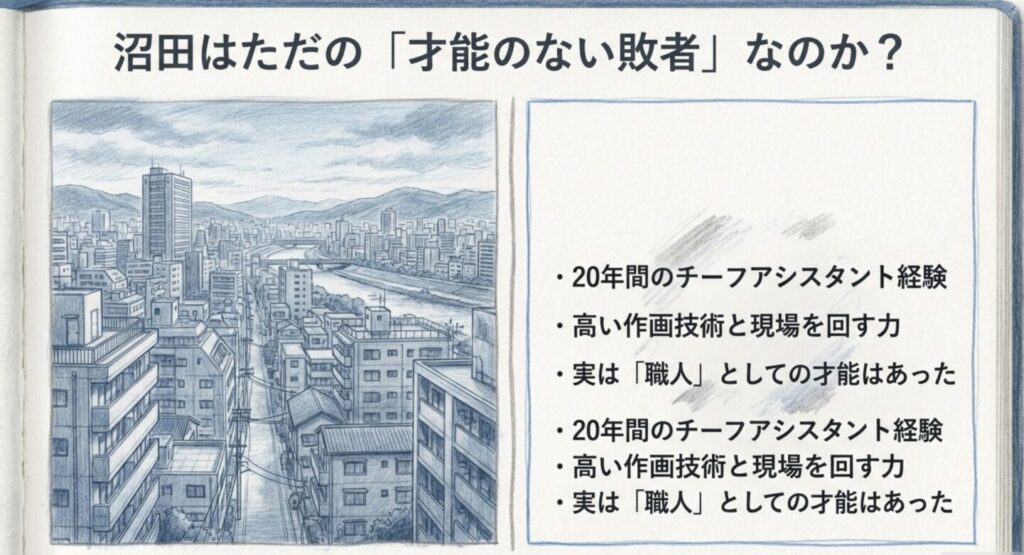 20年間チーフアシスタントを務め高い作画技術を持つ沼田渡を解説したスライド