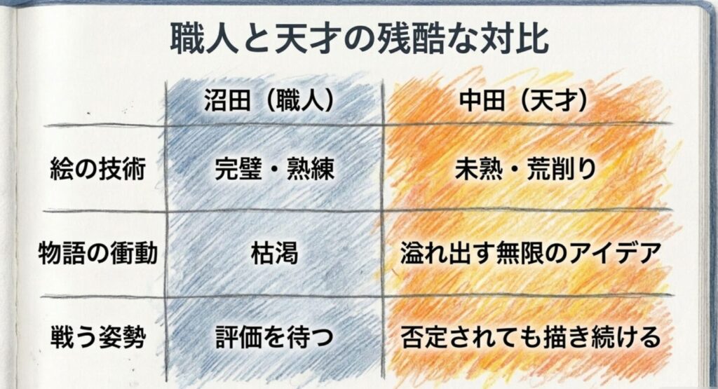 沼田渡と中田伯の絵の技術、物語の衝動、戦う姿勢の違いを比較した表