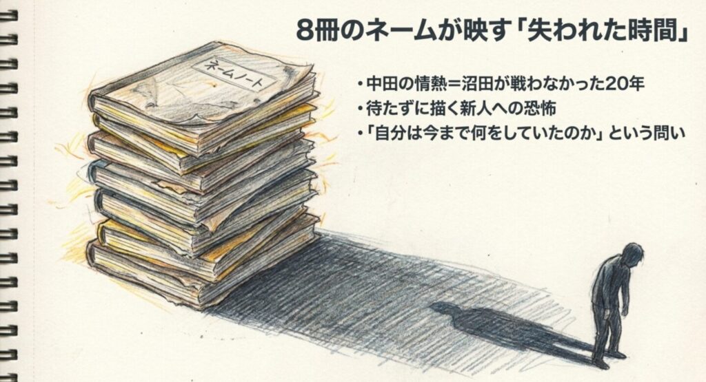 中田伯の8冊のネームが沼田渡に戦わなかった20年を突きつける場面の解説