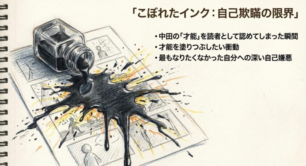 中田伯のネームにインクをこぼした沼田渡の嫉妬と自己嫌悪を解説したスライド