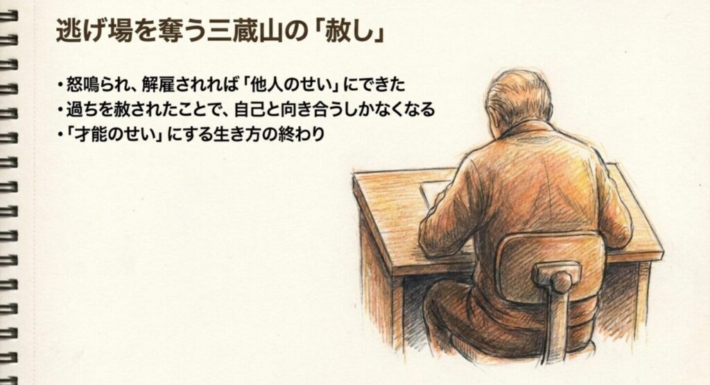 三蔵山龍の赦しによって沼田渡が自分の過去と向き合う過程を示すスライド