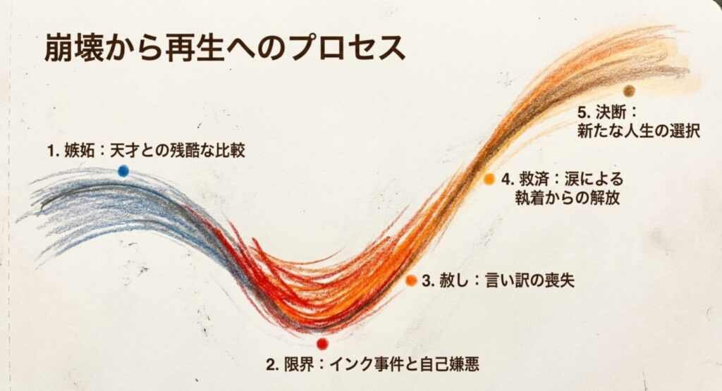 嫉妬、インク事件、赦し、中田の涙、再出発へ至る沼田渡の心理の流れ