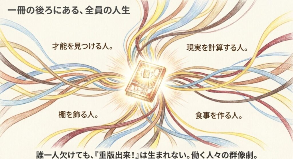 重版出来の漫画を支える編集者、営業、書店員、家族の人生が一本につながる群像図