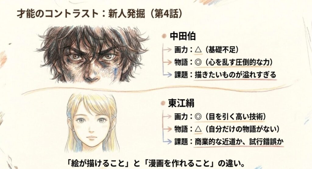 重版出来第4話の中田伯と東江絹の画力と物語作りの才能を比較した図