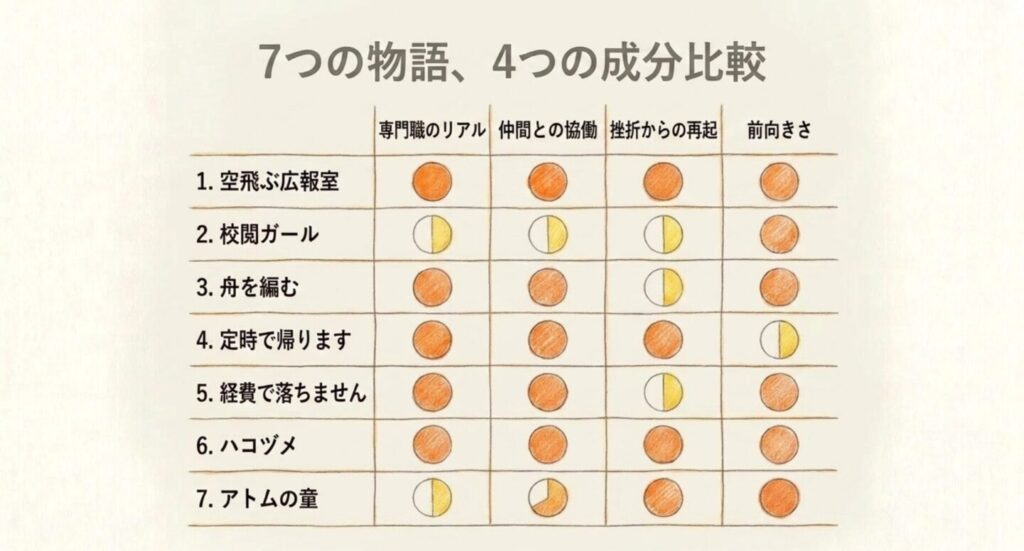 7作品を専門職のリアル・仲間との協働・挫折からの再起・前向きさで比較したスライド