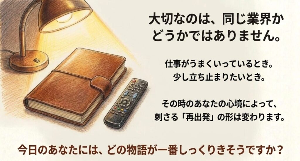 同じ業界ではなく今の心境に合う再出発の物語を選ぶことが大切だとまとめたスライド