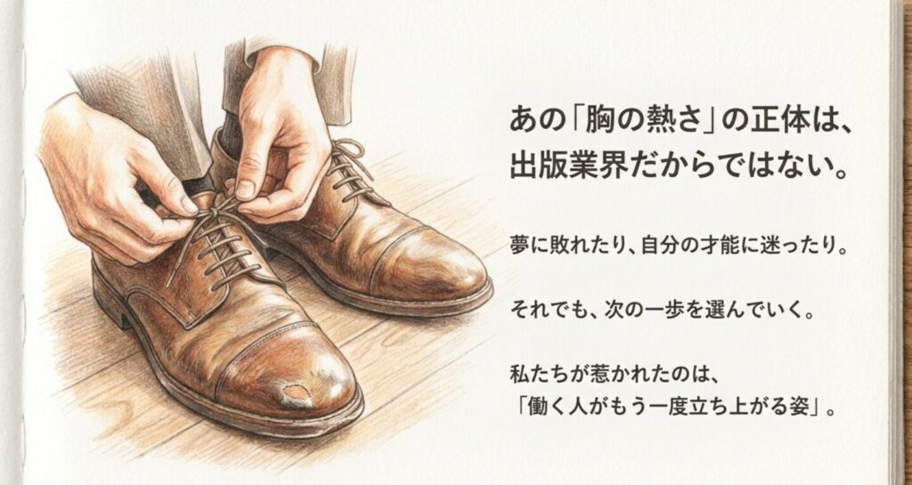『重版出来!』の胸の熱さは出版業界ではなく働く人がもう一度立ち上がる姿にあると示すスライド