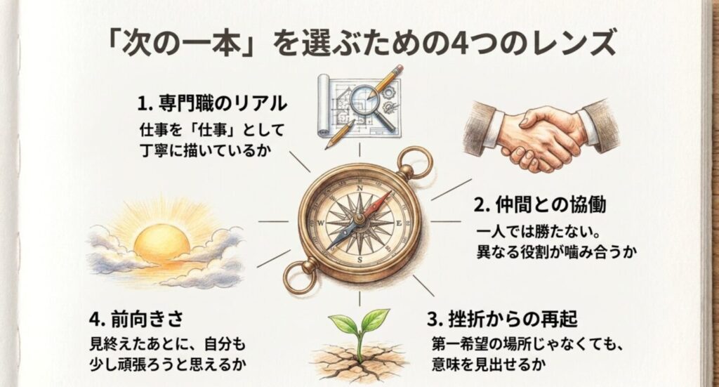 専門職のリアル・仲間との協働・挫折からの再起・前向きさの4軸を示すスライド