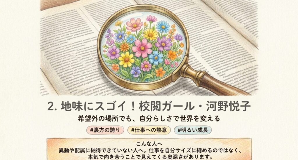 『地味にスゴイ!校閲ガール・河野悦子』の裏方の誇りと仕事への情熱を示すスライド