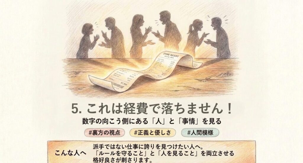 『これは経費で落ちません!』の数字の向こう側にいる人と事情を見る仕事を示すスライド