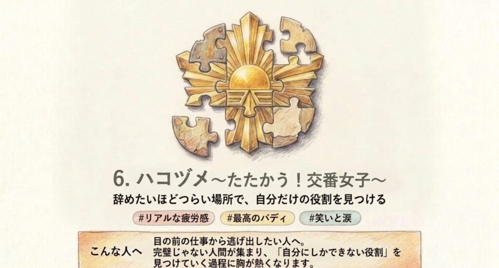 『ハコヅメ〜たたかう!交番女子〜』の疲労や挫折の中で自分の役割を見つける姿を示すスライド