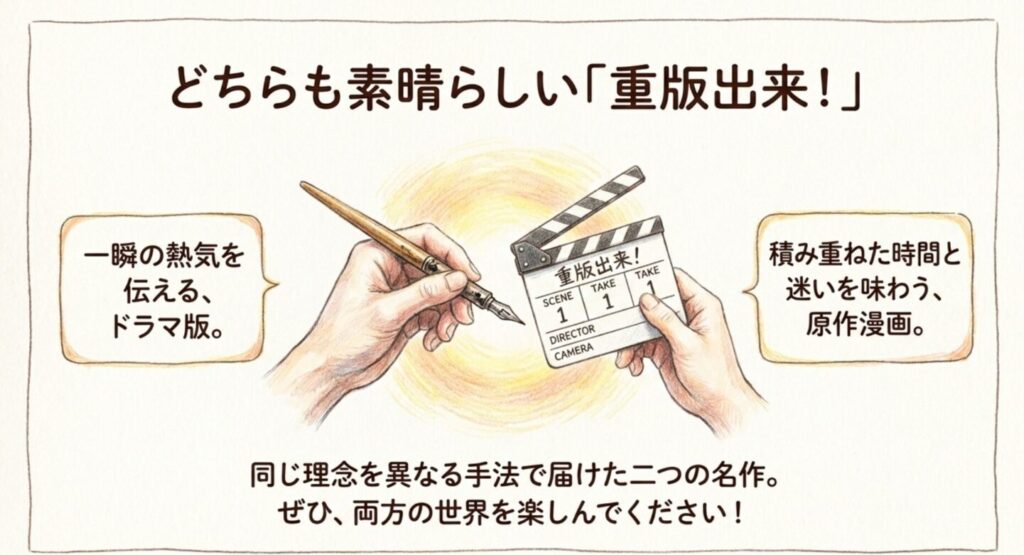 一瞬の熱気を伝えるドラマ版と積み重ねを描く原作漫画の魅力を対比したスライド