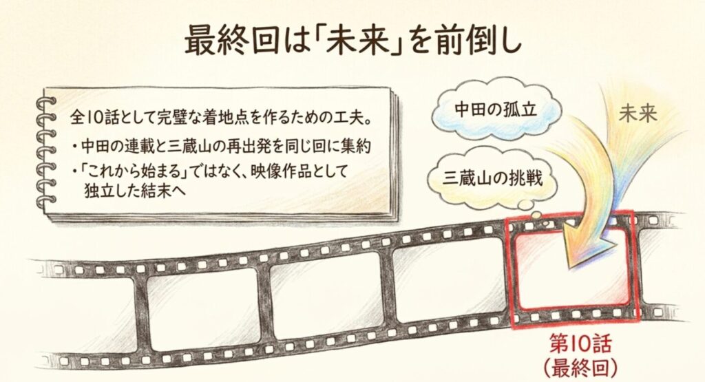 中田伯の連載と三蔵山龍の再出発を第10話へ前倒しした構成図