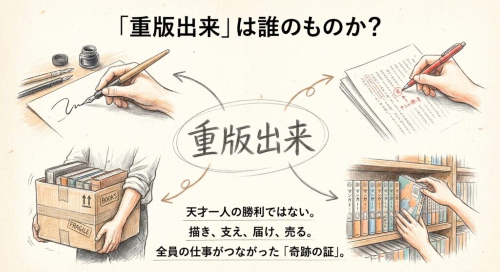 作家と編集者、営業、書店員の仕事がつながって重版出来が生まれる流れ