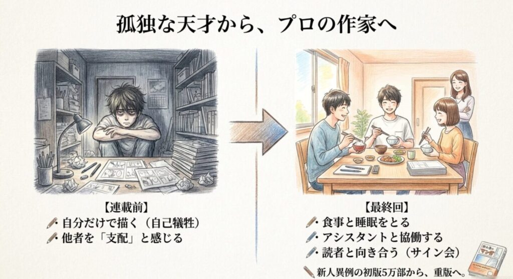 中田伯が孤独な天才から食事や睡眠を取りアシスタントと協働するプロの作家へ成長する過程