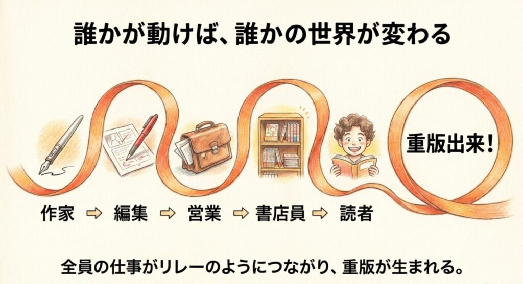 作家から編集、営業、書店員、読者へ仕事がリレーのようにつながり重版出来が生まれる流れ