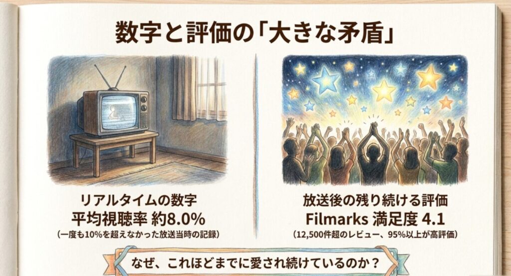 平均視聴率約8.0パーセントとFilmarks評価4.1を比較した図