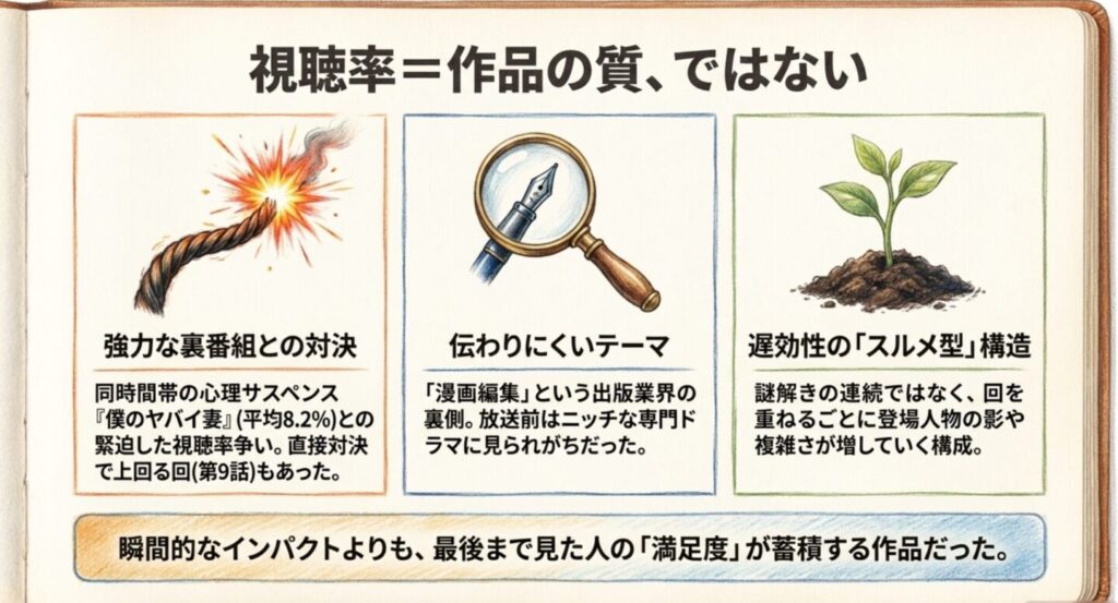 競合作品、題材、積み上げ型構成から視聴率が伸びなかった背景を整理した図
