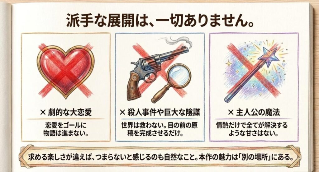 恋愛、殺人事件、主人公の万能さに頼らない重版出来の魅力を示す図