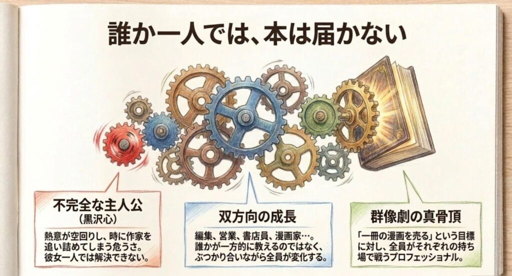 編集、営業、書店員、漫画家がつながる重版出来の群像劇を示す図