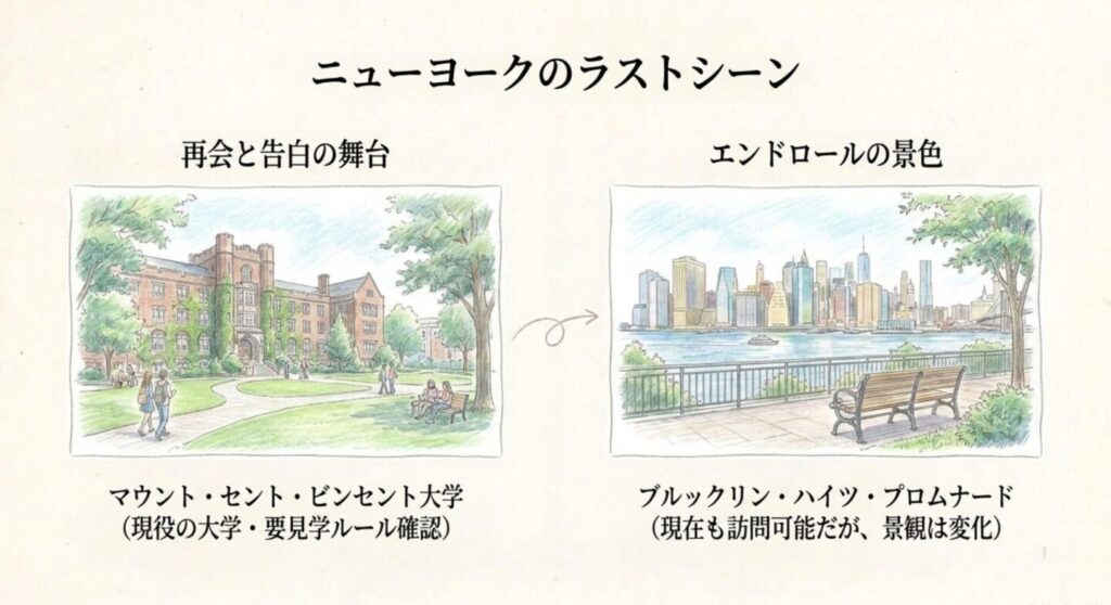 再会と告白の大学、エンドロールの遊歩道は、それぞれ異なるニューヨークのロケ地です。