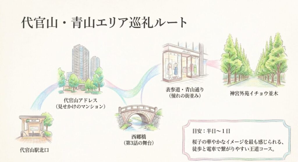 代官山アドレスから西郷橋と表参道と神宮外苑を巡るやまとなでしこロケ地コース