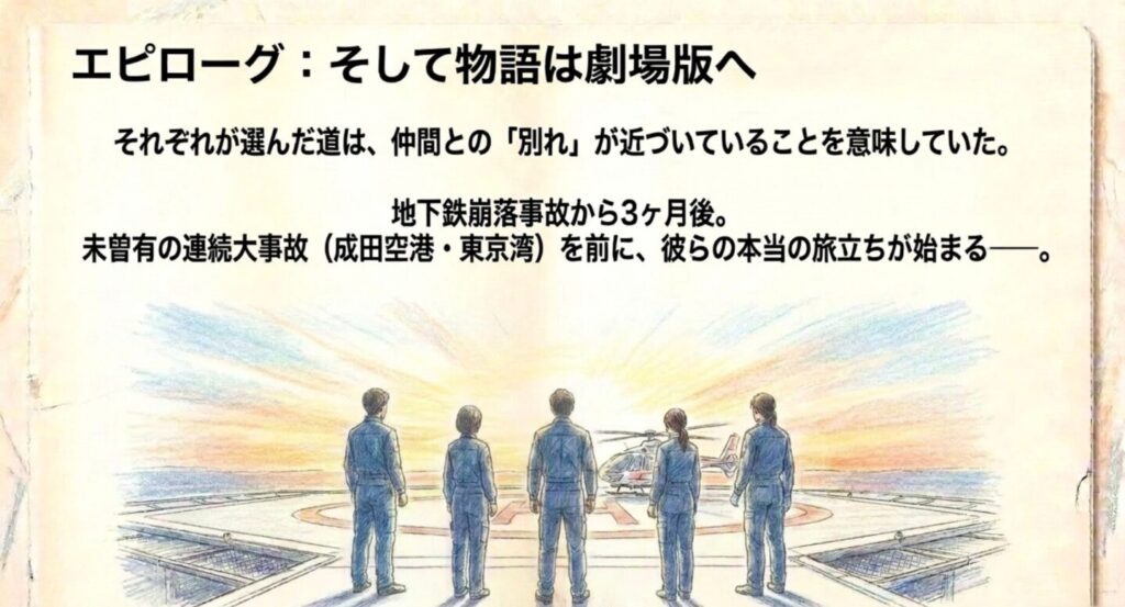 ヘリポートに立つ5人と地下鉄事故から3か月後の劇場版への旅立ちを描いた図