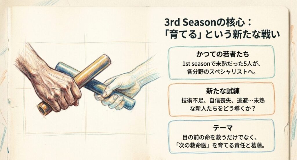 指導する側と新人へ受け継がれる命のバトンを描いたコード・ブルー3rdのテーマ図