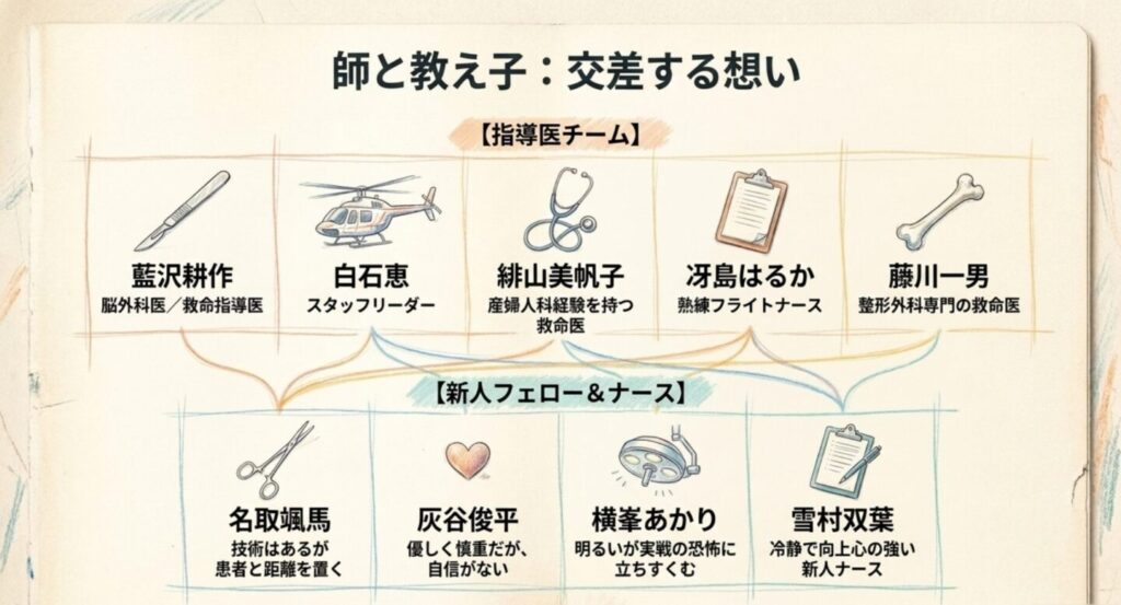 藍沢や白石ら指導医チームと名取や灰谷ら新人4人の関係を整理した図