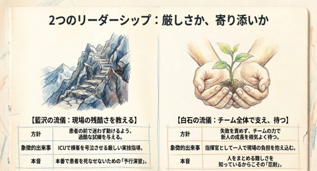 厳しく現場の残酷さを教える藍沢とチームで新人を支える白石の指導方針比較