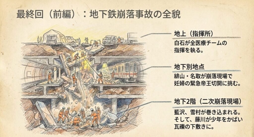 地上指揮所と地下の救命地点、二次崩落現場を示した最終回の事故全体図