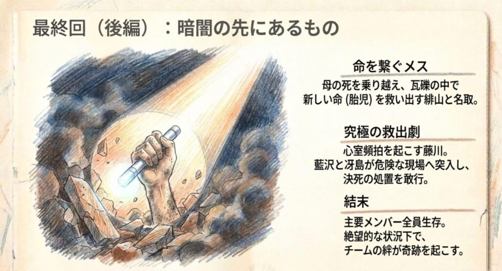 瓦礫の中のペンライトと藤川救出、主要人物の生存を描いた最終回後編の図