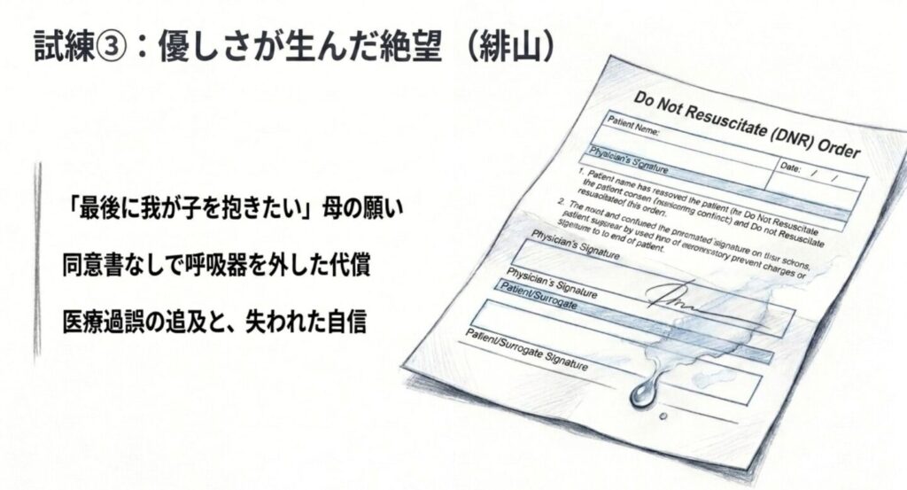 母の願いをかなえるため同意書なしで挿管チューブを外した緋山の医療過誤問題を示す図