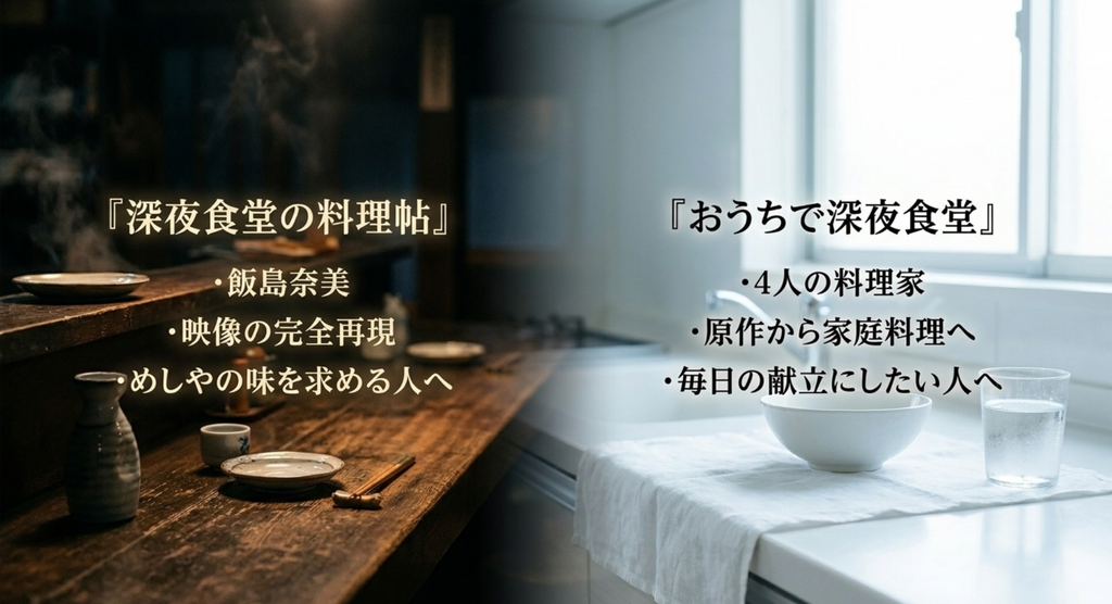 「深夜食堂の料理帖」と「おうちで深夜食堂」の特徴と向いている読者の比較