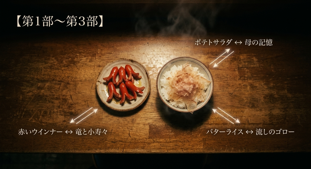 赤いウインナー、ポテトサラダ、バターライスなど深夜食堂第1部から第3部の代表料理