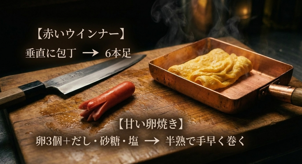 赤いウインナーを6本足に切る方法と甘い卵焼きの作り方のポイント