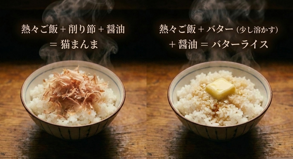 熱いご飯とかつお節の猫まんまとバターと醤油のバターライスを比較したスライド