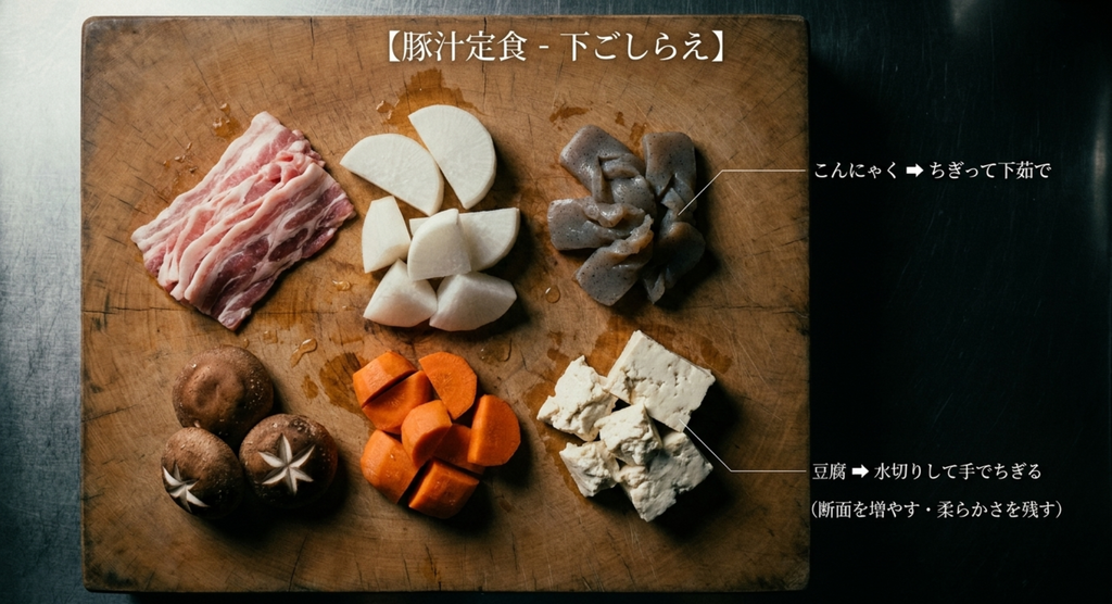 豚肉、大根、にんじん、しいたけ、こんにゃく、豆腐など深夜食堂の豚汁の下ごしらえ