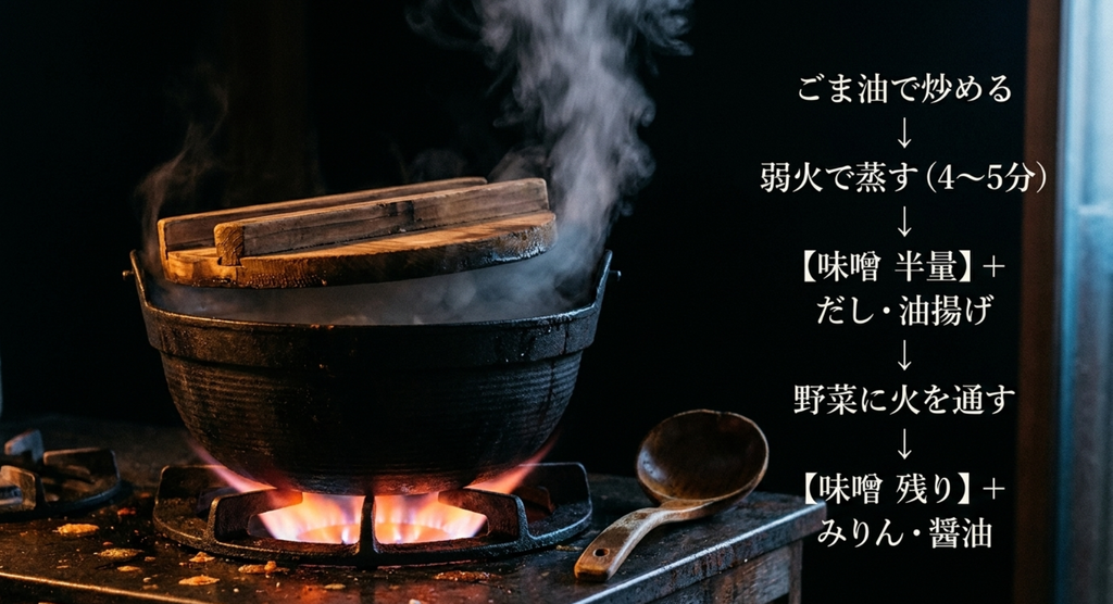 ごま油で炒めて蒸し煮し味噌を二回に分けて加える深夜食堂の豚汁の調理手順
