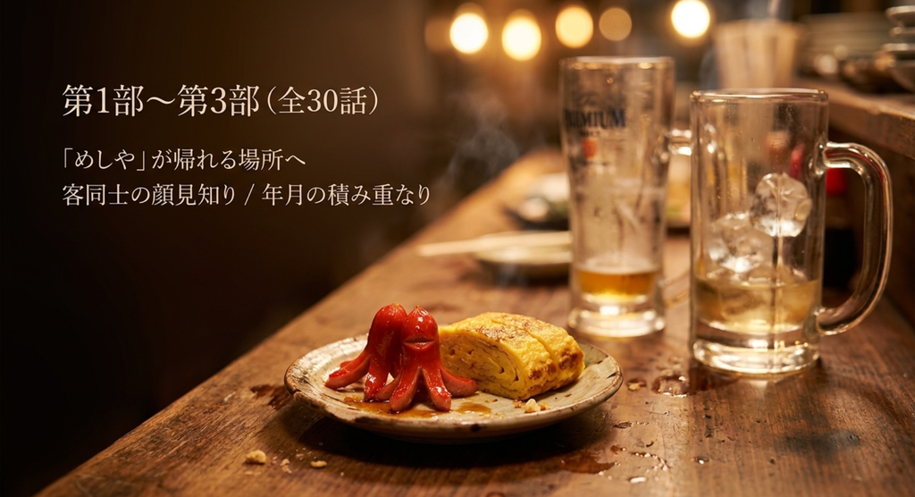 赤いウインナーと卵焼きを前に、第1部から第3部全30話で「めしや」が帰れる場所へ変わっていく流れを示すスライド