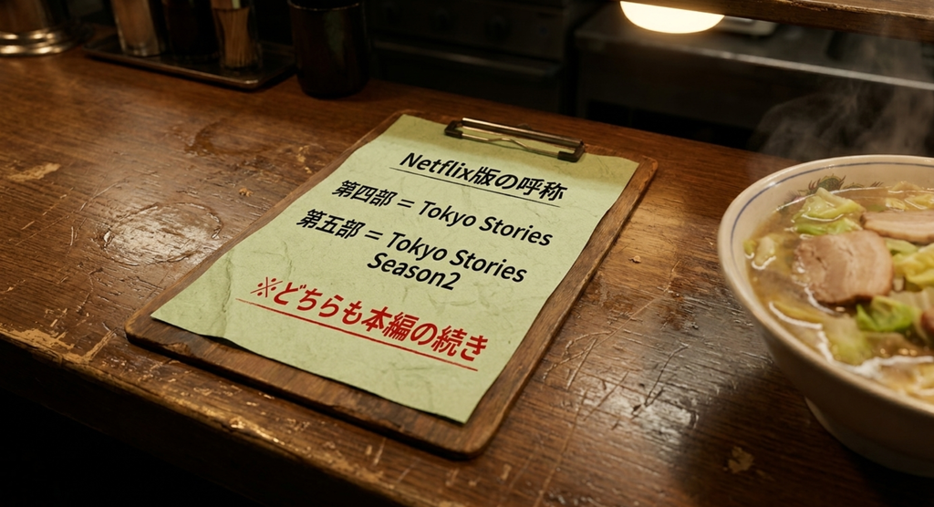 深夜食堂の第四部はTokyo Stories、第五部はTokyo Stories Season2で、どちらも本編の続きであることを示すスライド