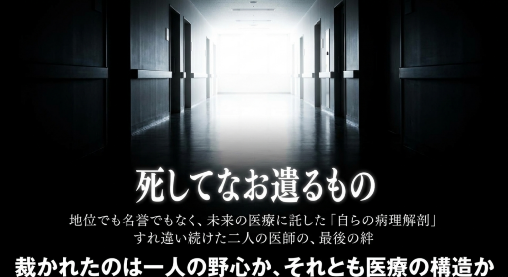 光の差す病院廊下を背景に、財前が地位や名誉ではなく自らの病理解剖と未来の医療への願いを残した最終回を表すスライド