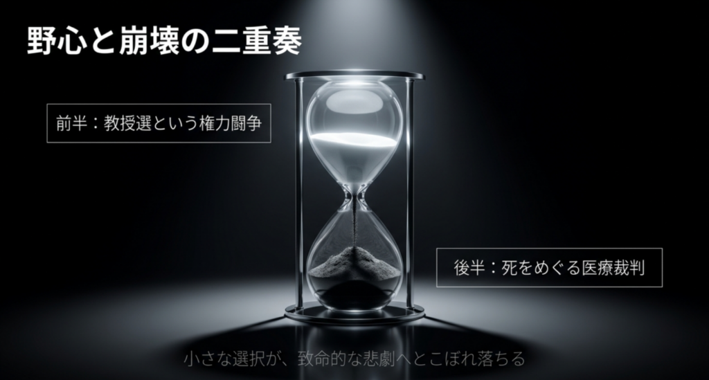 砂時計を中央に置き、前半の教授選という権力闘争と後半の死をめぐる医療裁判が小さな選択から悲劇へつながる構造を示したスライド