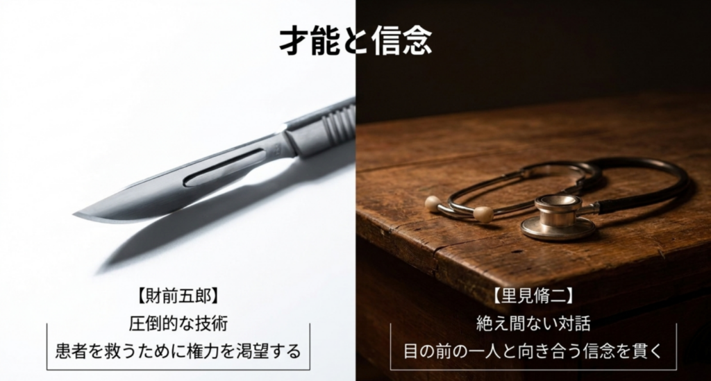 メスと聴診器を左右に配置し、圧倒的な技術を持つ財前五郎と対話を重んじる里見脩二の医療観を比較したスライド