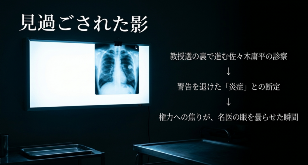 胸部X線画像を背景に、教授選の裏で佐々木庸平の診察が進み、財前が肺の影を炎症と断定して警告を退けた場面を示すスライド